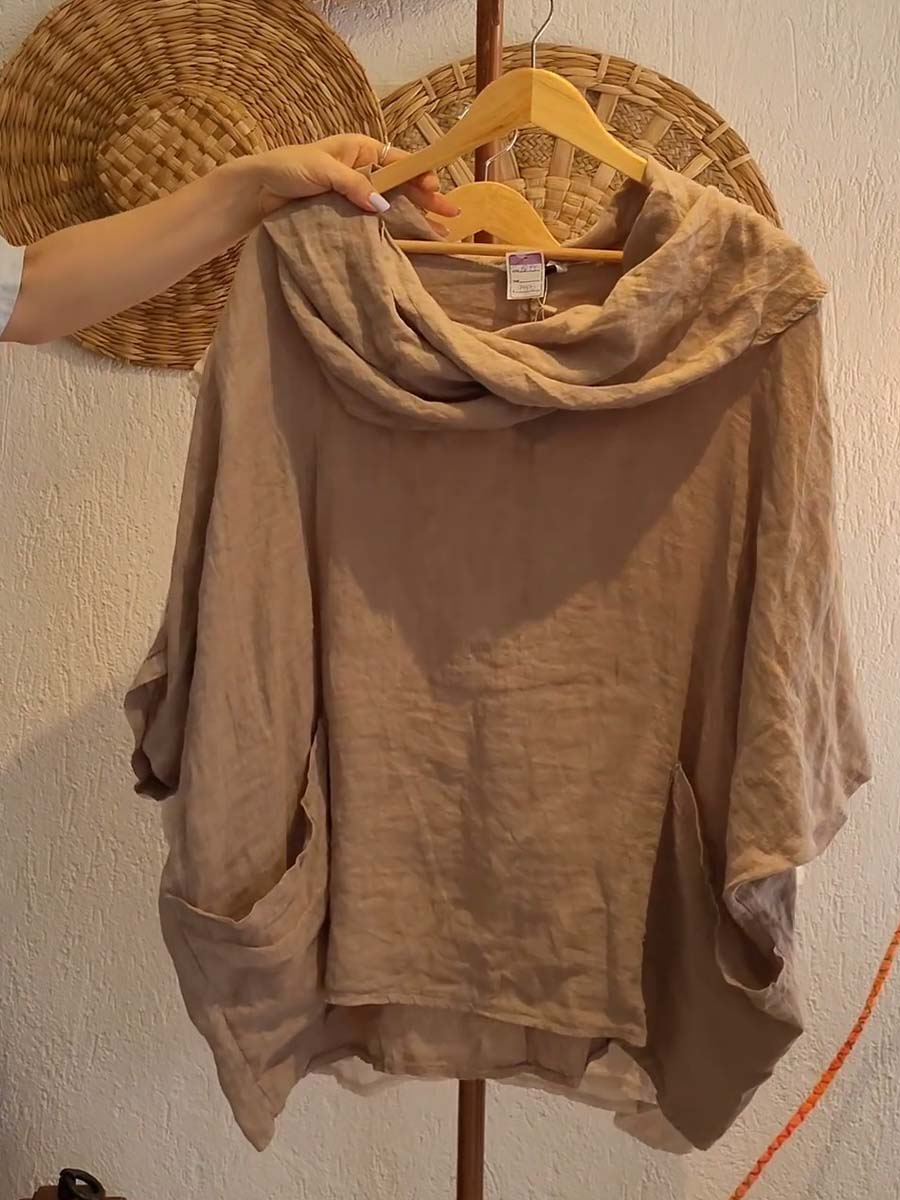 Women's Solid Color Draped Neck 3/4 Sleeve Comfortable Casual Linen Pocket Top | Last day 80% off!