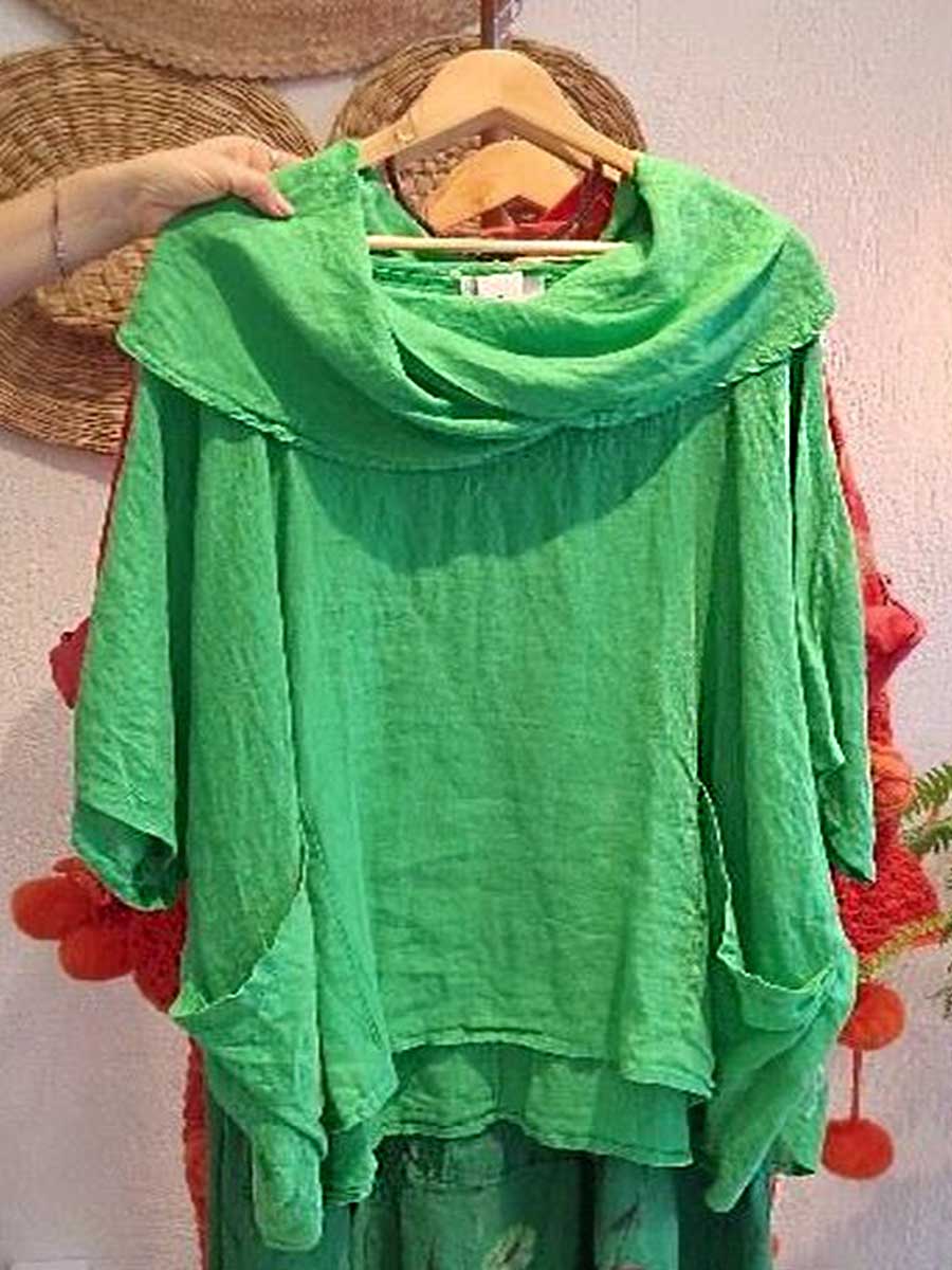 Women's Solid Color Draped Neck 3/4 Sleeve Comfortable Casual Linen Pocket Top | Last day 80% off!