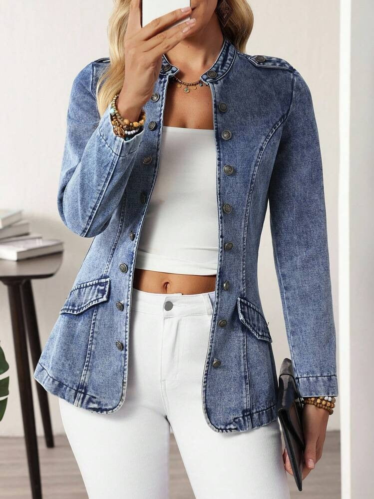 Stylish Collarless Plain Blue Denim Outerwear | Last day 80% off!