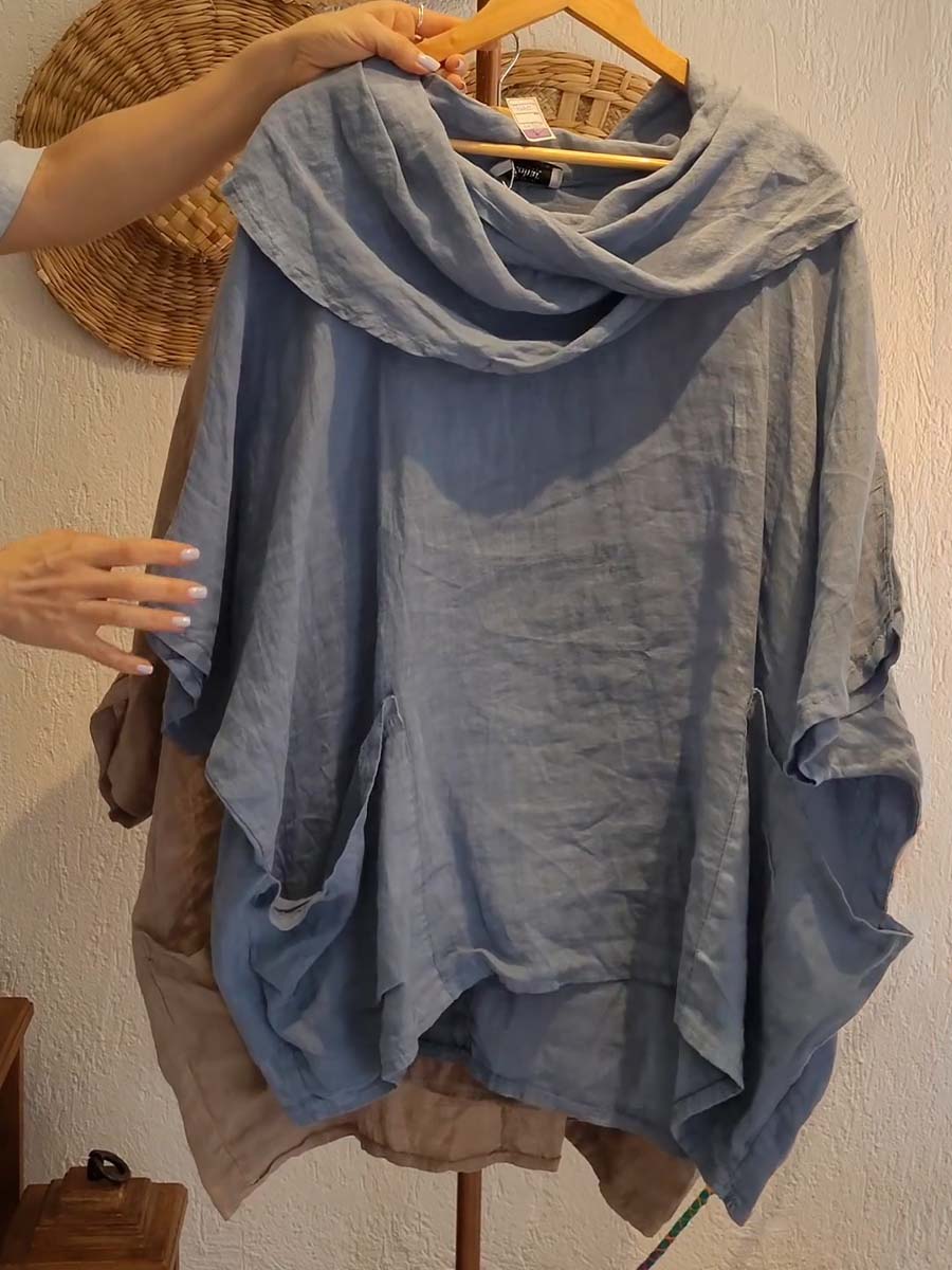 Women's Solid Color Draped Neck 3/4 Sleeve Comfortable Casual Linen Pocket Top | Last day 80% off!