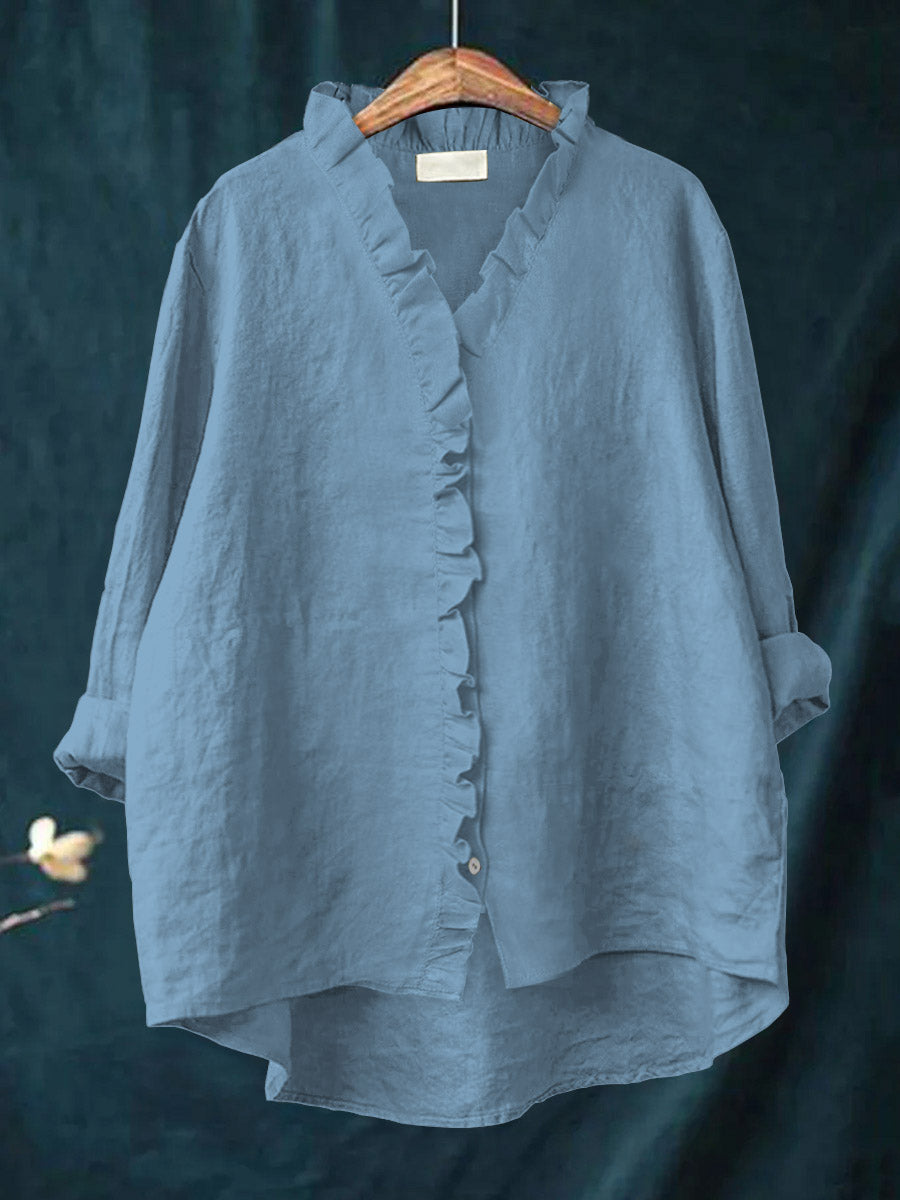 Women's Casual Cotton And Linen Ruffle Shirt | Last day 80% off!
