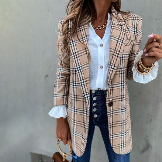 Khaki Long Sleeve Plaid Outerwear | Last day 80% off!