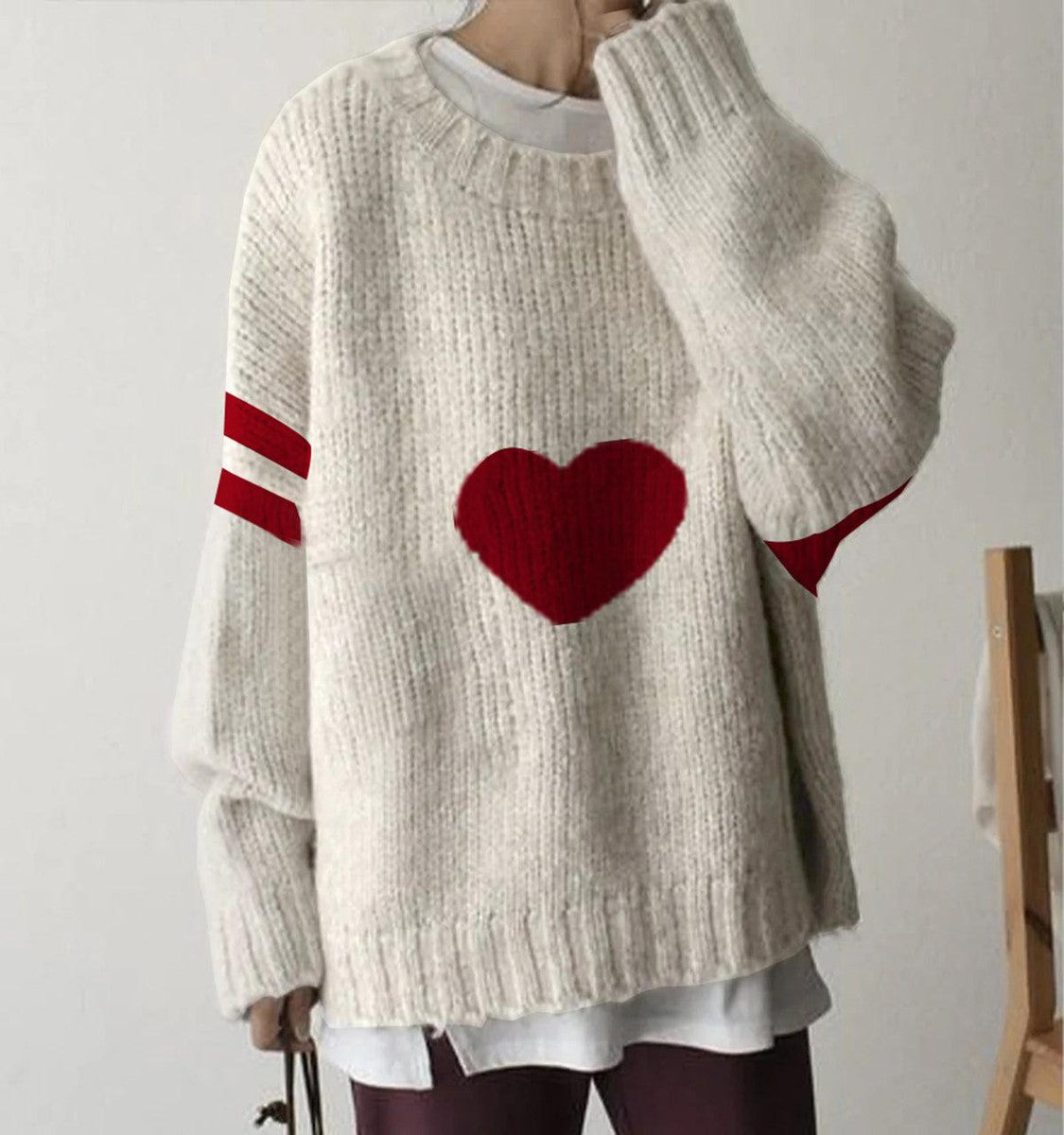 Elegant Red Heart Print Round Neck Sweater | Last day 80% off!