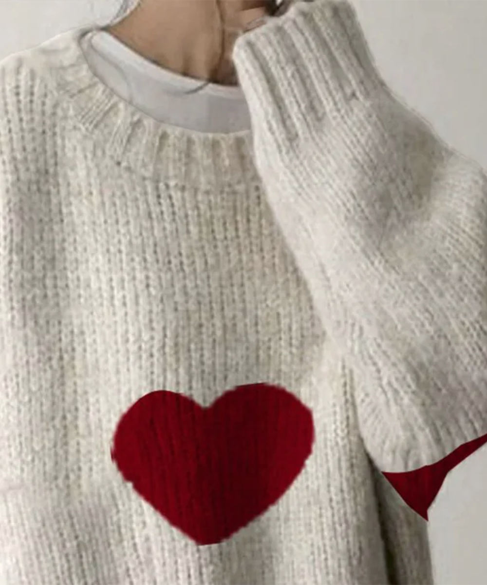 Elegant Red Heart Print Round Neck Sweater | Last day 80% off!