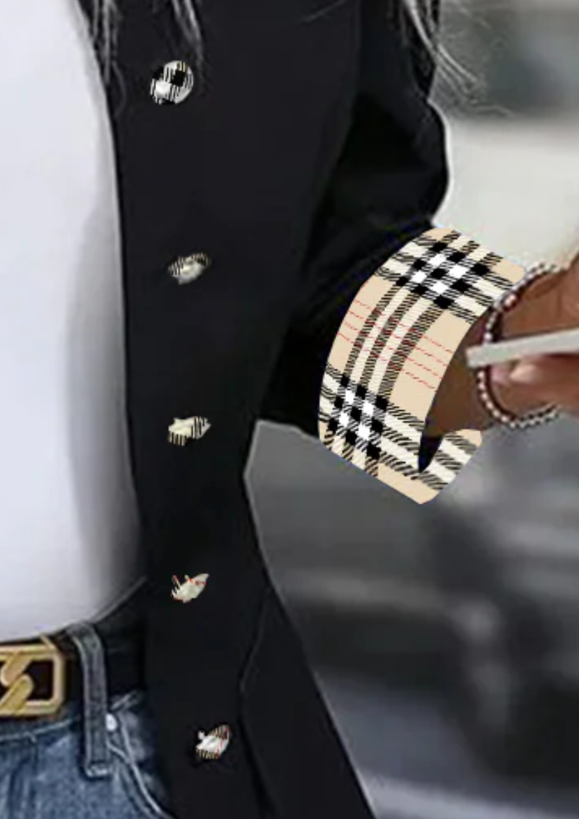 Black Collarless Plaid Print Long Sleeve Outerwear | Last day 80% off!