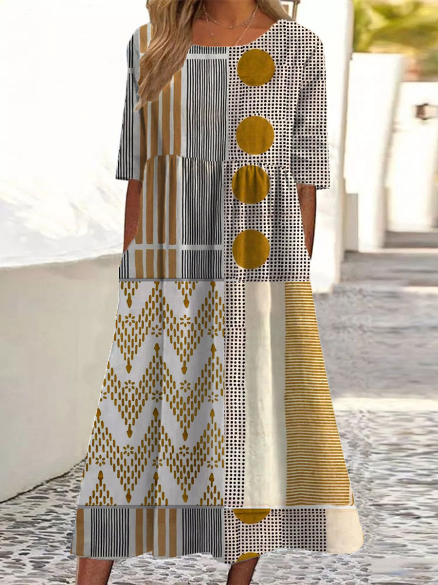 Women's Vintage Abstract Geometry Art Print Casual Cotton And Linen 3/4 Sleeve Shirt | Last day 80% off!