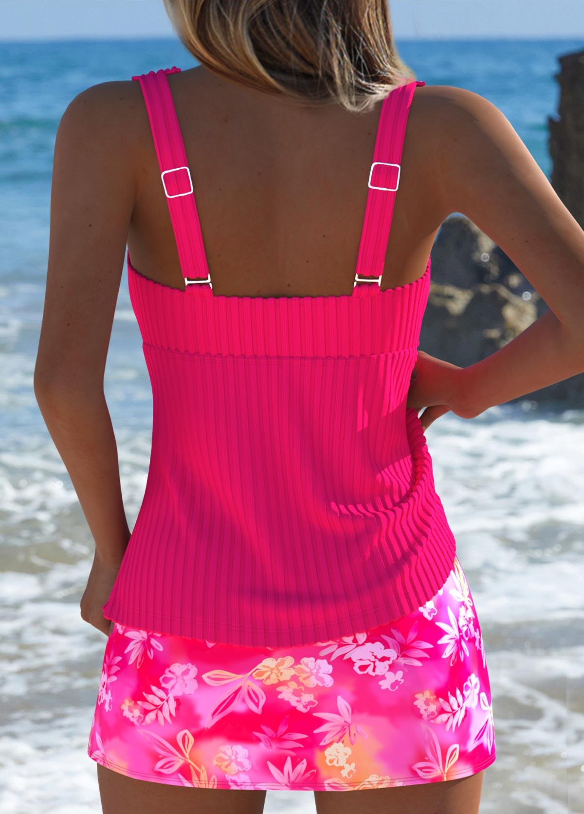 Cheerful Pink Tankini Set with Floral Print and Mid-Rise Waist | Last Day 80% Off!