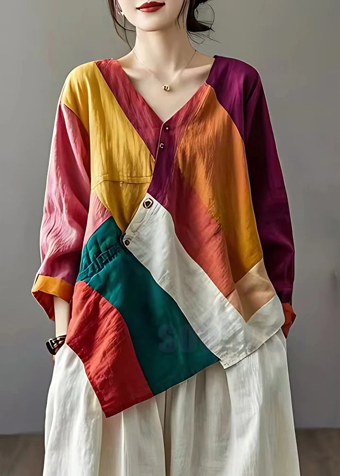 Colorblock Patchwork Linen Loose Blouses Asymmetrical Summer | Last day 80% off!