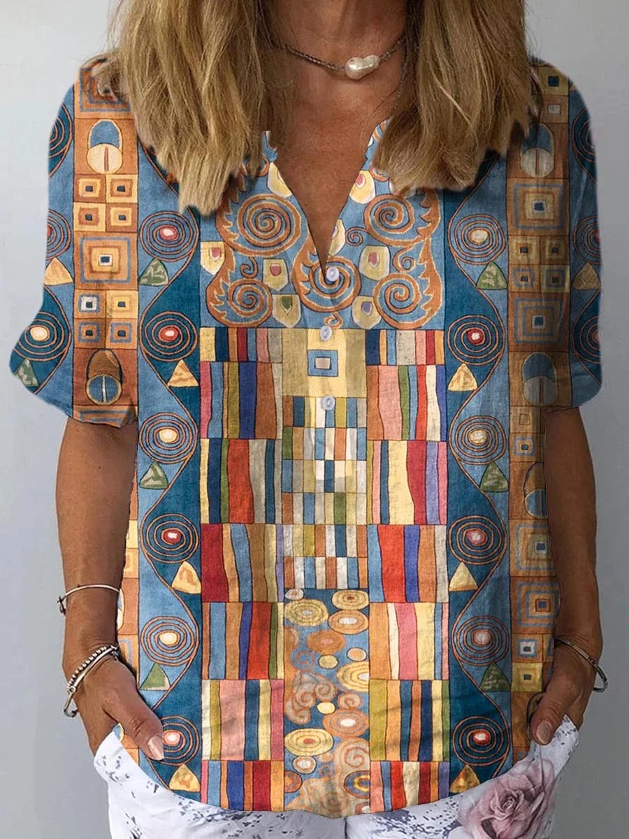 Women's Abstract Geometric Pattern Art Print Casual Cotton And Linen 3/4 Sleeve Shirt | Last day 80% off!