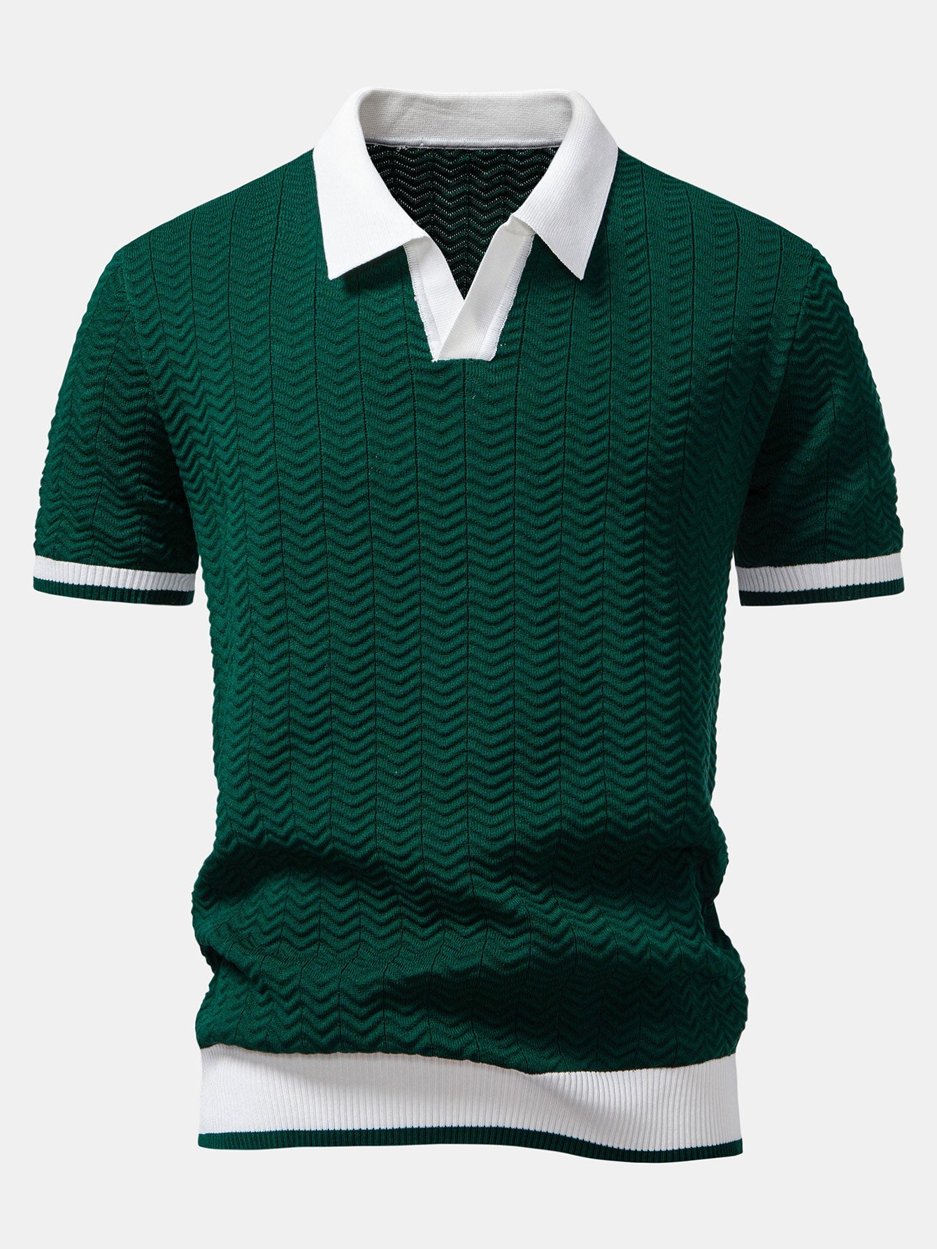 Texture Contrast Knitted V-Neck Polo Shirt & Slim Fit Tapered Trousers | Last day 80% off!