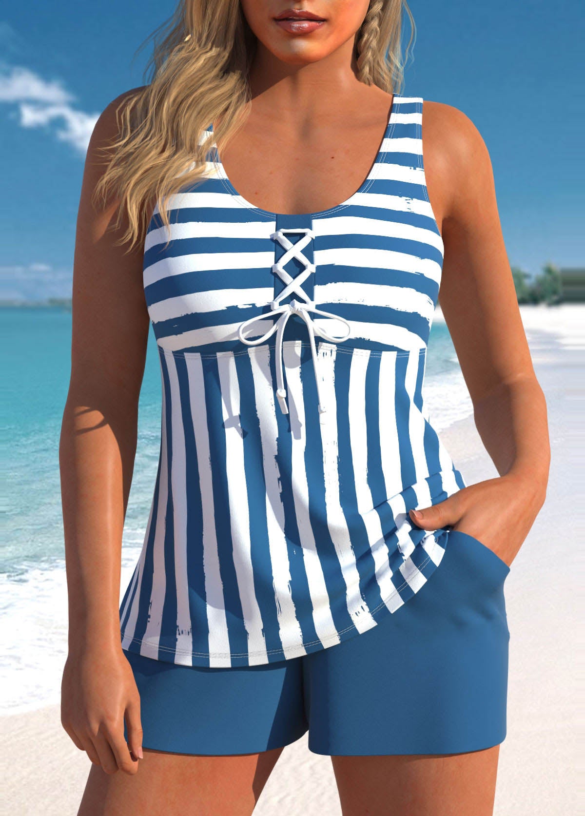 Emma I Trendy Striped Tankini with Lacing I Last Day 80% Off!