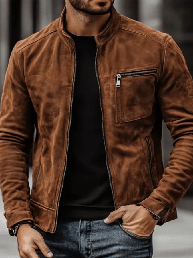 Men's Vintage Suede Zip Pocket Stand Collar Outdoor Jacket Last day 80% off!