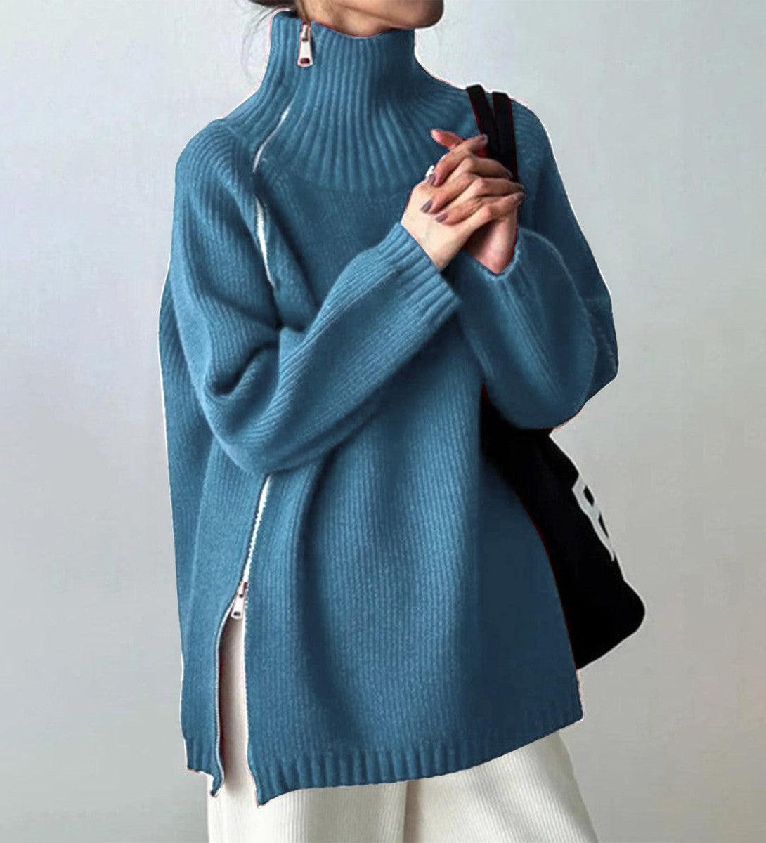 Chic Blue Plain High Neck Long Sleeve Sweater | Last day 80% off!