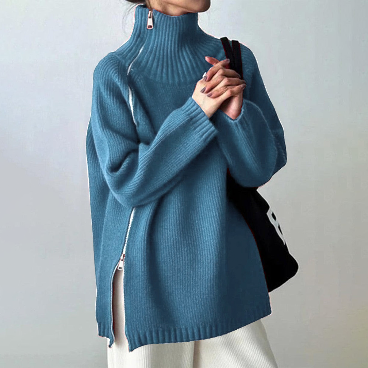 Chic Blue Plain High Neck Long Sleeve Sweater | Last day 80% off!
