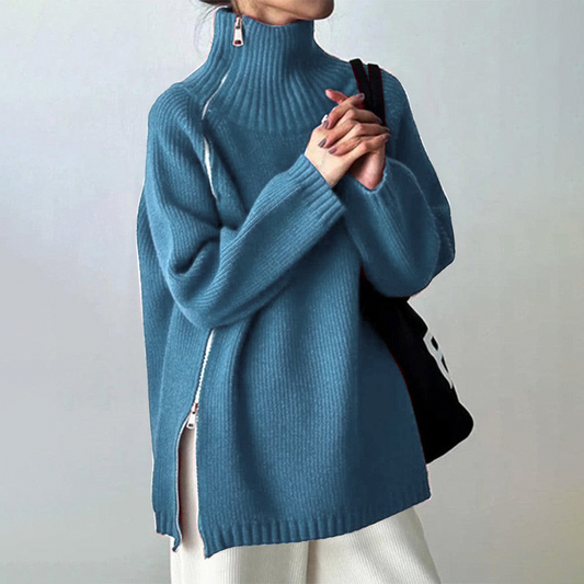 Chic Blue Plain High Neck Long Sleeve Sweater | Last day 80% off!