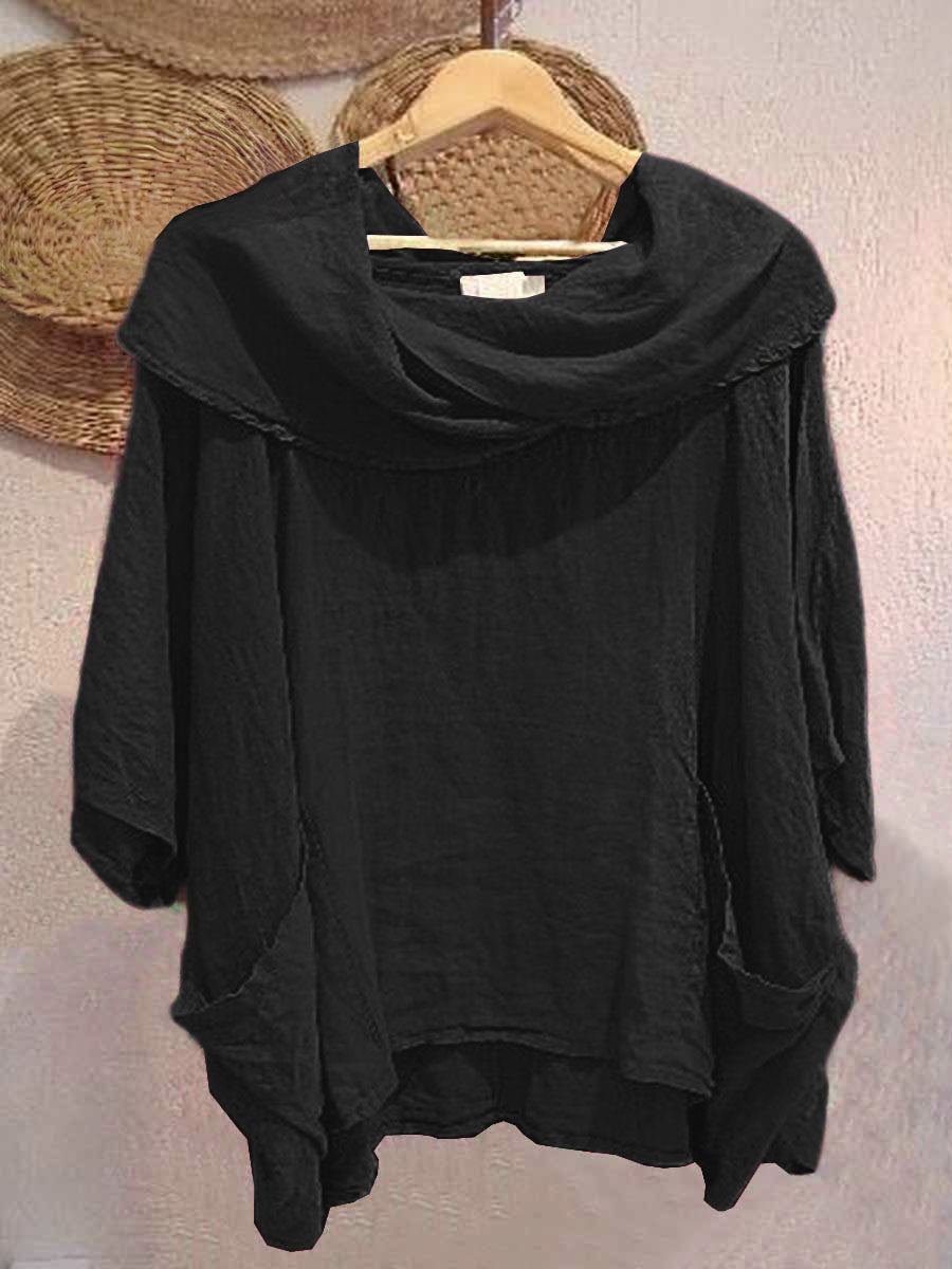 Women's Solid Color Draped Neck 3/4 Sleeve Comfortable Casual Linen Pocket Top | Last day 80% off!