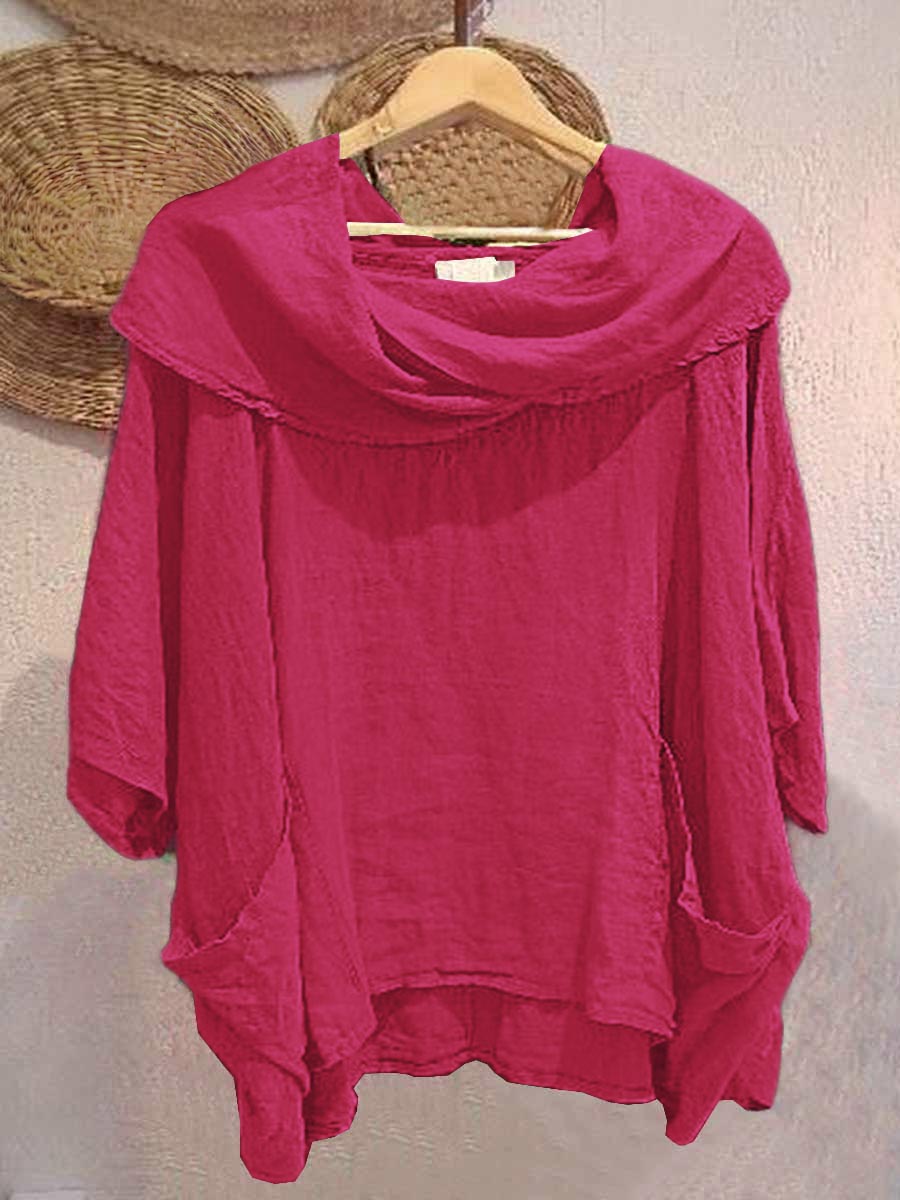 Women's Solid Color Draped Neck 3/4 Sleeve Comfortable Casual Linen Pocket Top | Last day 80% off!