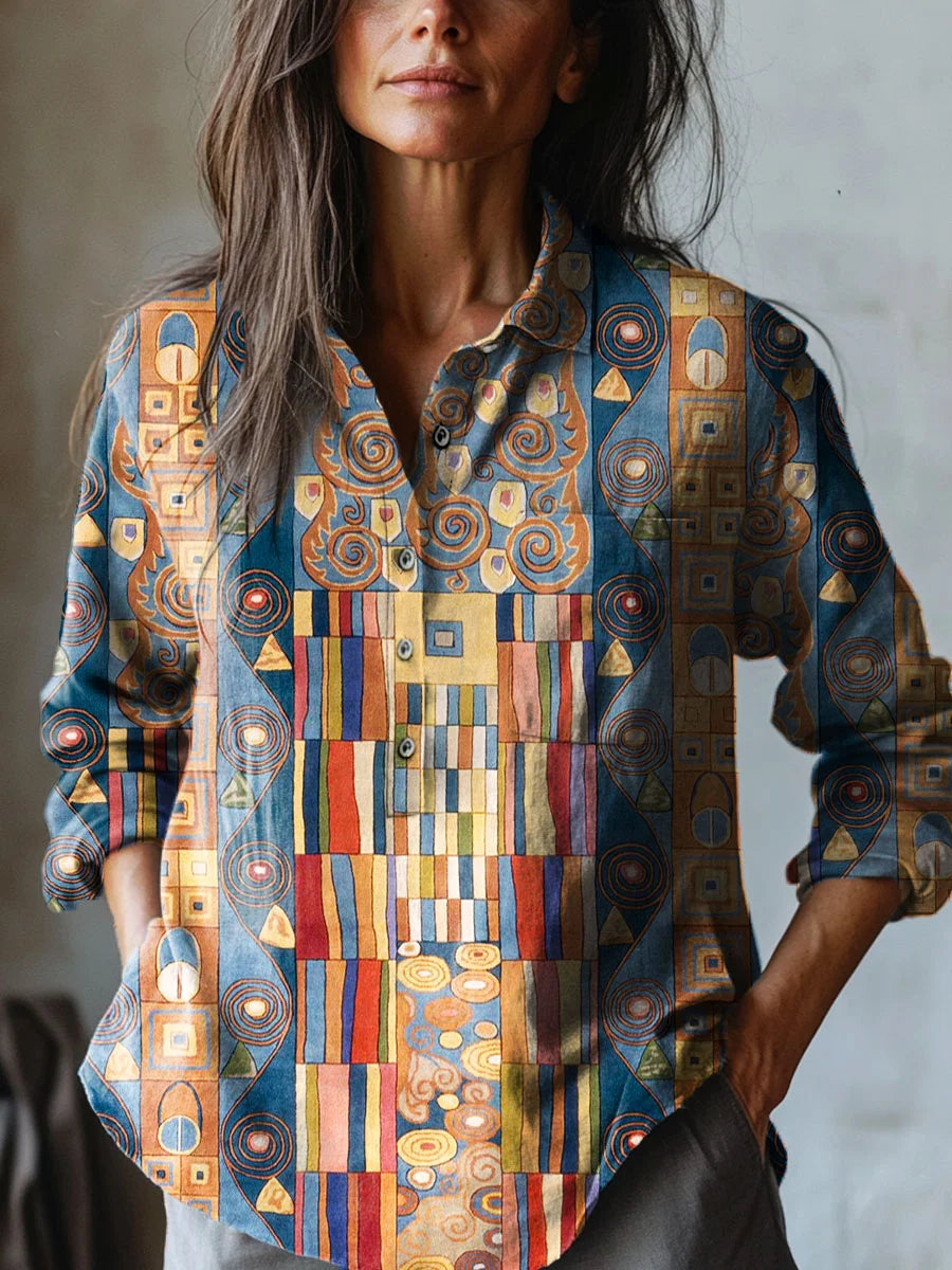 Women's Abstract Geometric Pattern Art Print Casual Cotton And Linen 3/4 Sleeve Shirt | Last day 80% off!