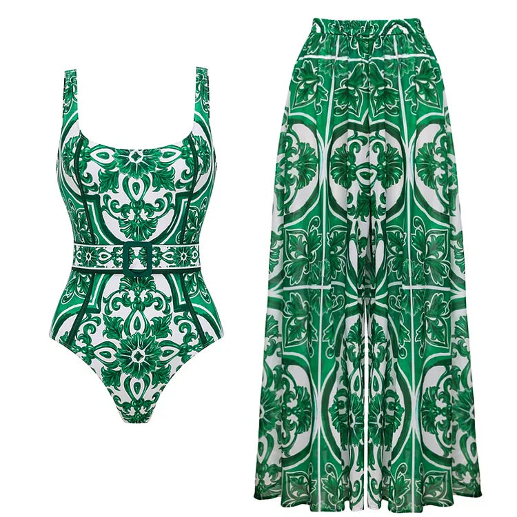 V-Neck One-Piece Swimsuit with Lace-Up and Print Including Skirt