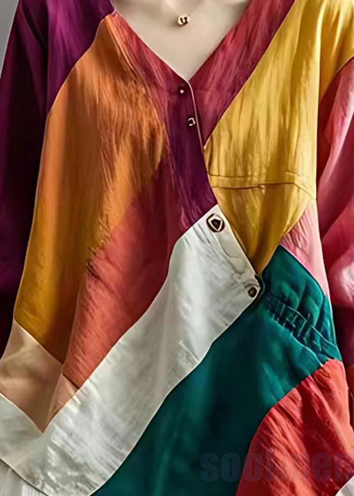 Colorblock Patchwork Linen Loose Blouses Asymmetrical Summer | Last day 80% off!