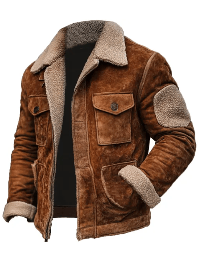 Men's Vintage Suede Patchwork Lamb Fleece Multi-Pocket Reverse Collar Outdoor Jacket Last day 80% off!
