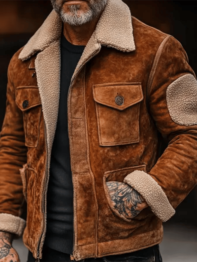 Men's Vintage Suede Patchwork Lamb Fleece Multi-Pocket Reverse Collar Outdoor Jacket Last day 80% off!