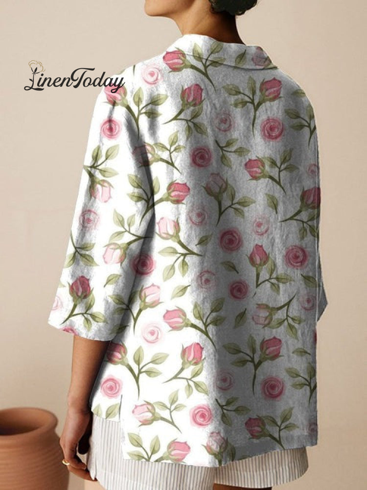 Women's Rose Flower Print Casual Cotton And Linen Shirt | Last day 80% off!