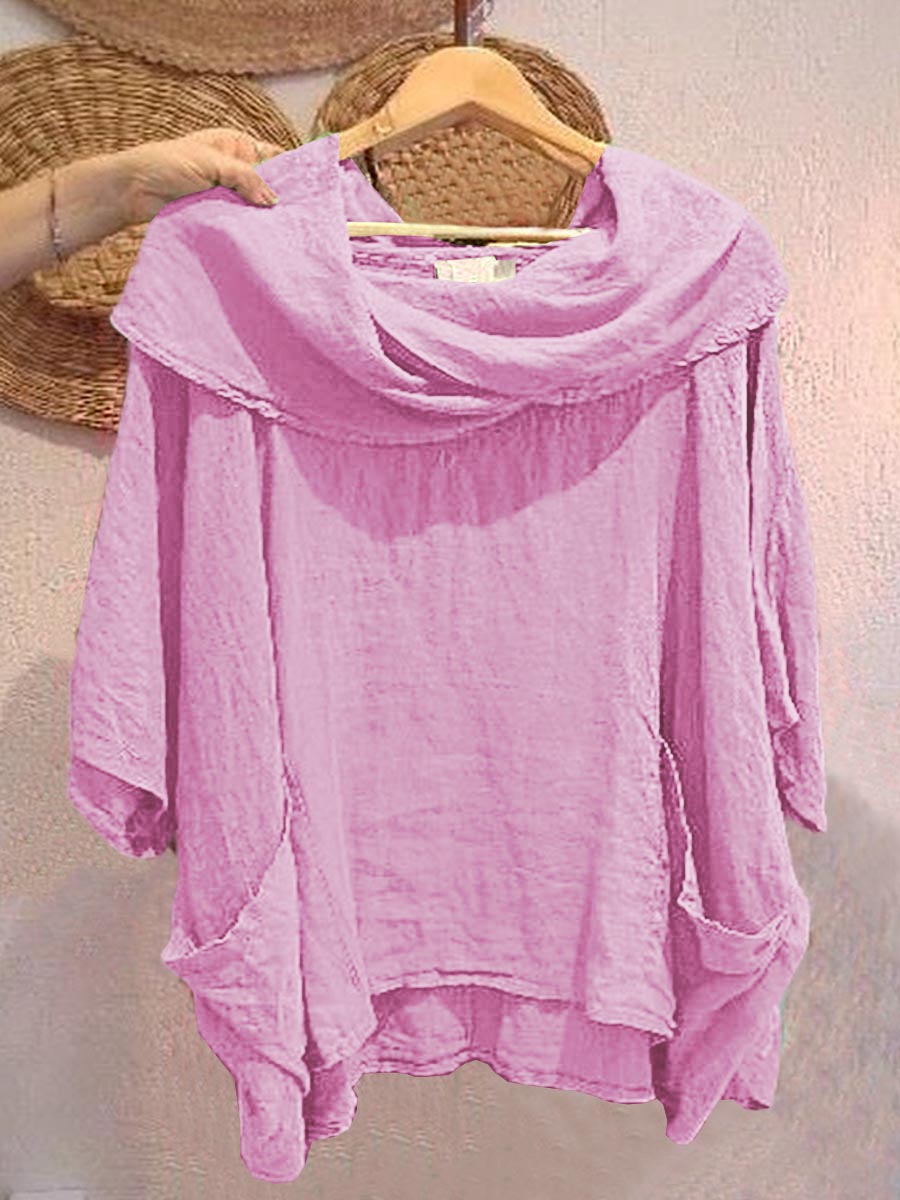 Women's Solid Color Draped Neck 3/4 Sleeve Comfortable Casual Linen Pocket Top | Last day 80% off!