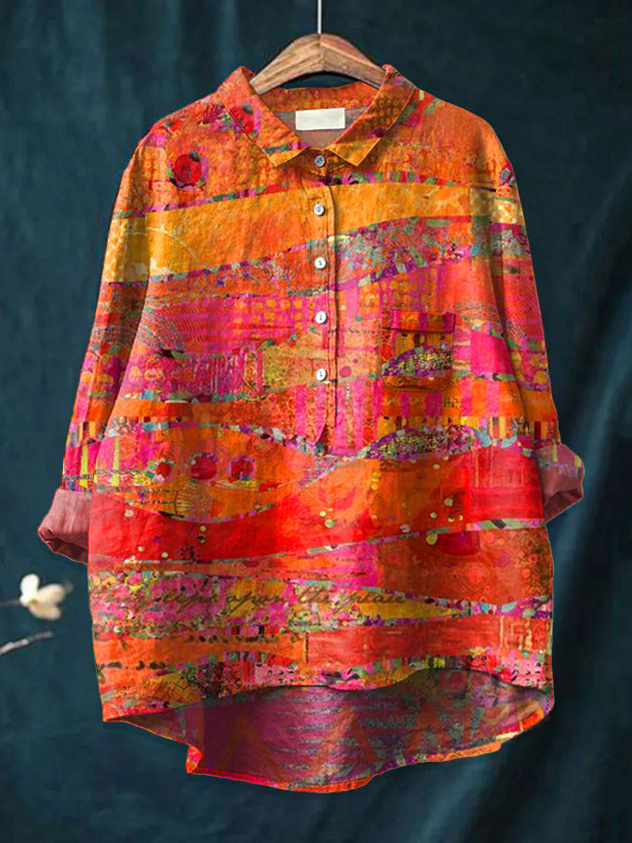 Women's Vintage Art Print Casual Cotton And Linen 3/4 Sleeve Shirt | Last day 80% off!