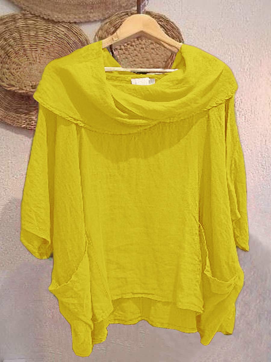Women's Solid Color Draped Neck 3/4 Sleeve Comfortable Casual Linen Pocket Top | Last day 80% off!