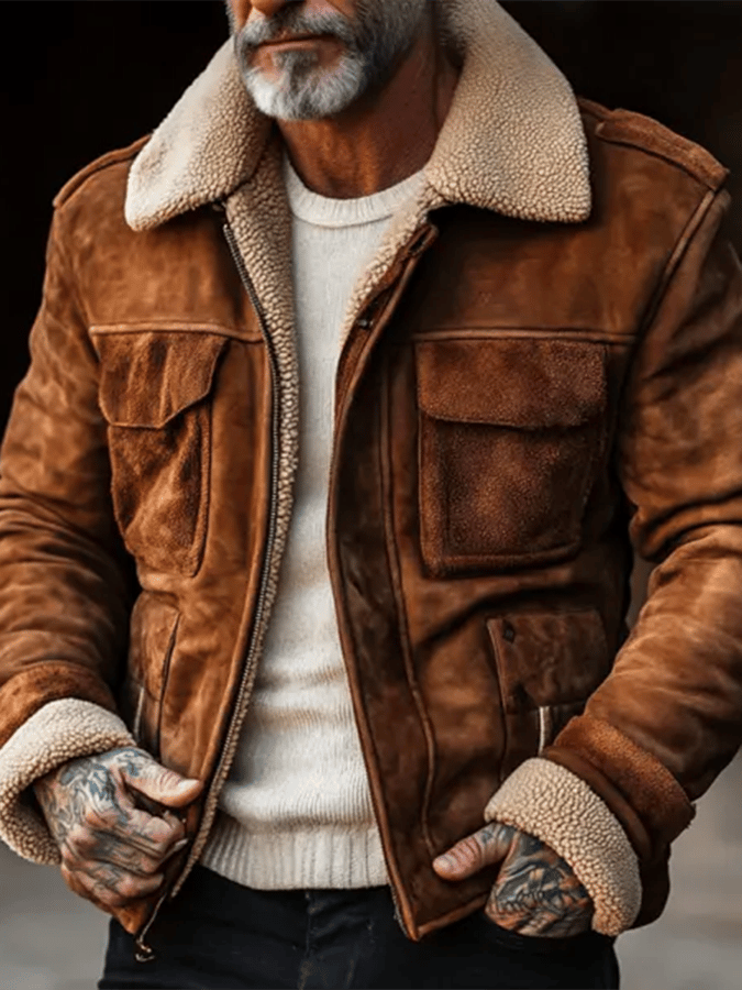 Men's Vintage Suede Patchwork Lamb Fleece Multi-Pocket Reverse Collar Outdoor Jacket Last day 80% off!