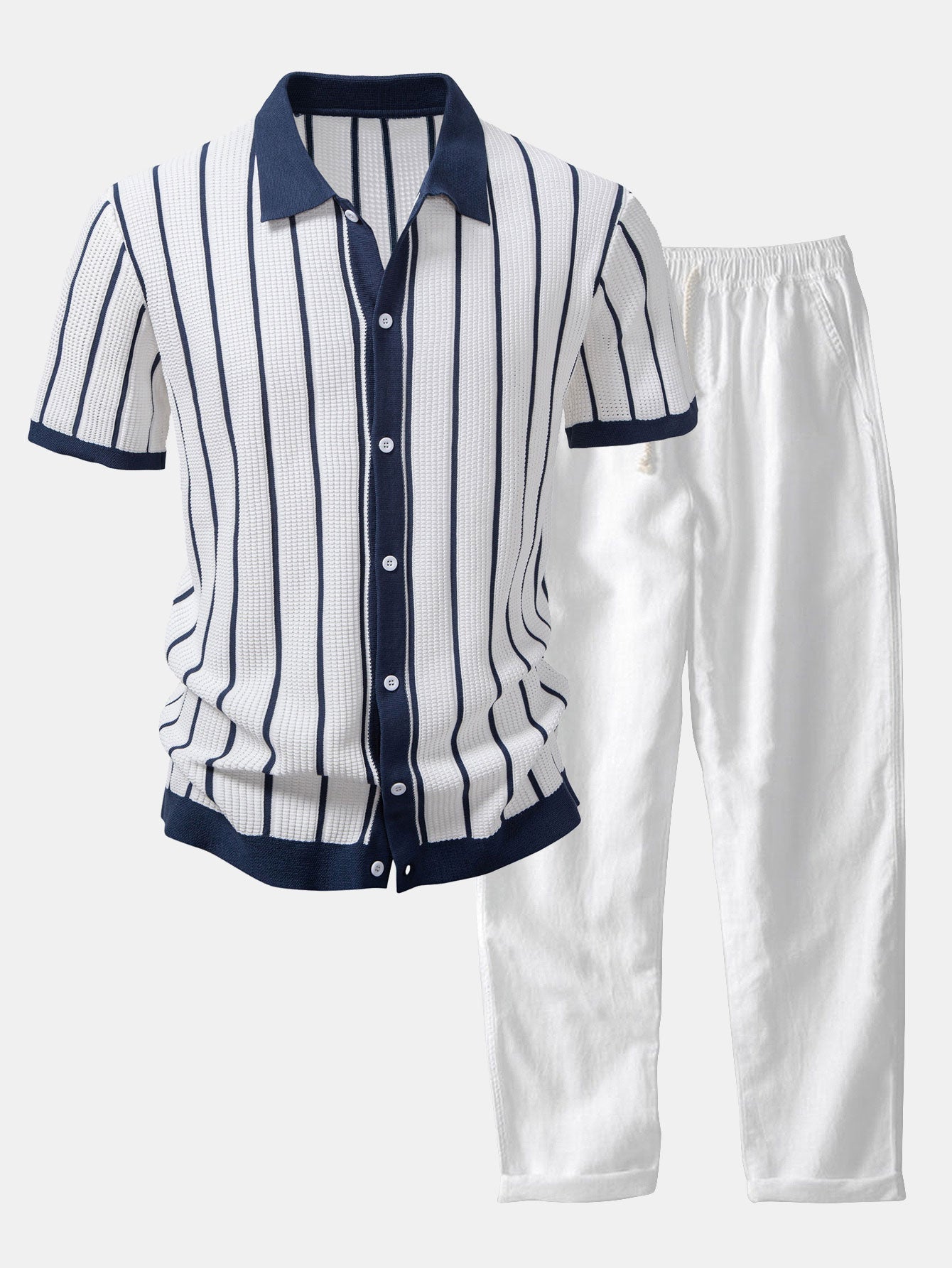Striped knitted shirt with buttons & linen straight leg trousers | Last day 80% off!