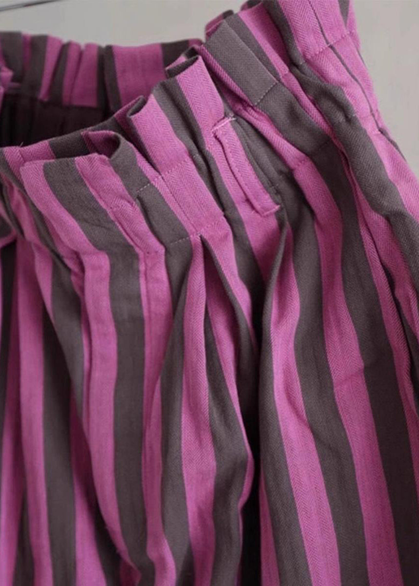 Chic Purple Striped Elastic Waist Cotton Wide Leg Pants Summer | Last day 80% off!