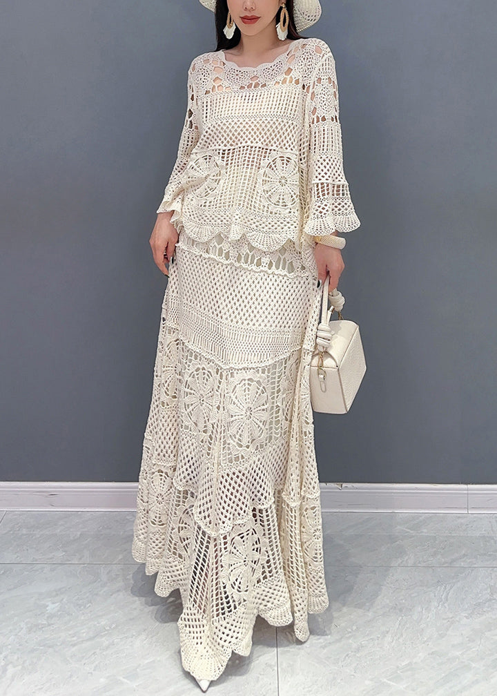 Elegant Beige Hollow Out Tops And Skirts Knit Two Piece Set Long Sleeve | Last day 80% off!