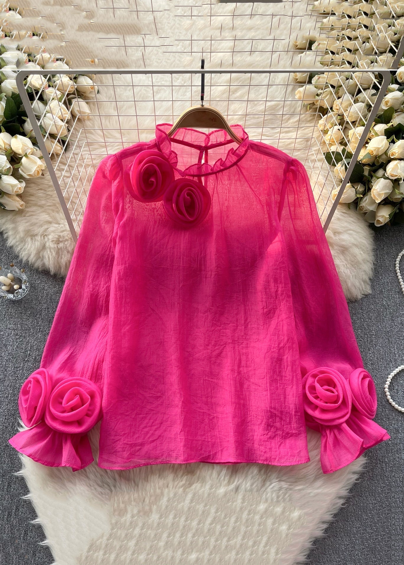 Elegant Rose Ruffled Solid Chiffon Tops Long Sleeve | Last day 80% off!