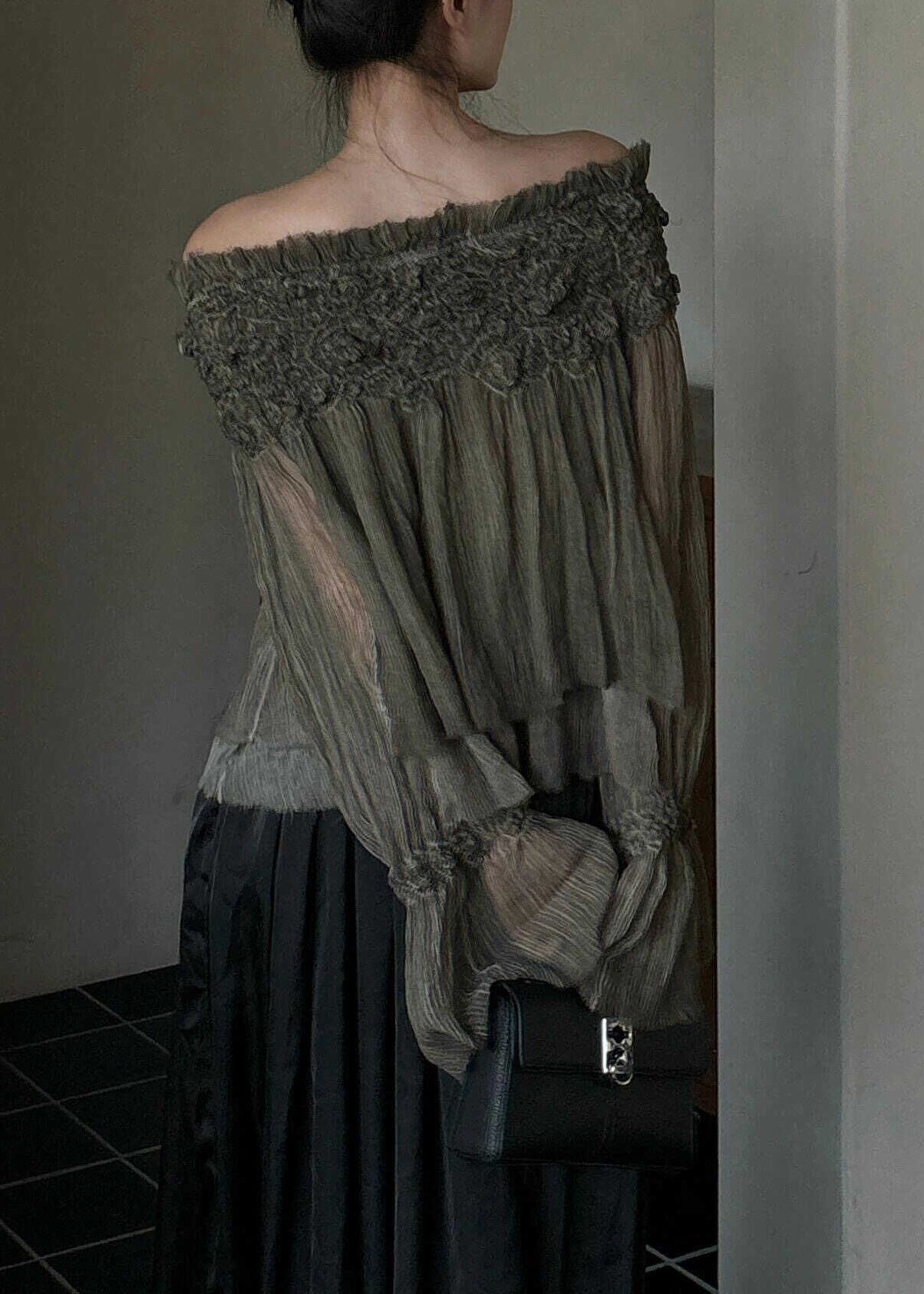 French Slash Neck Ruffled Patchwork Silk Cotton Top Fall | Last day 80% off!