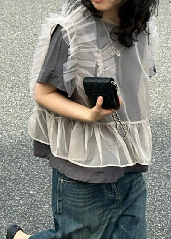 Handmade Grey Ruffled Patchwork Tulle Tops Short Sleeve | Last day 80% off!