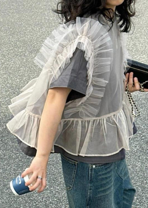 Handmade Grey Ruffled Patchwork Tulle Tops Short Sleeve | Last day 80% off!