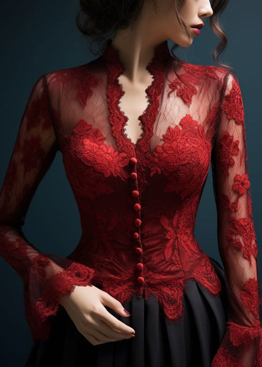 Slim Fit Red V Neck Hollow Out Lace Top Flare Sleeve | Last day 80% off!