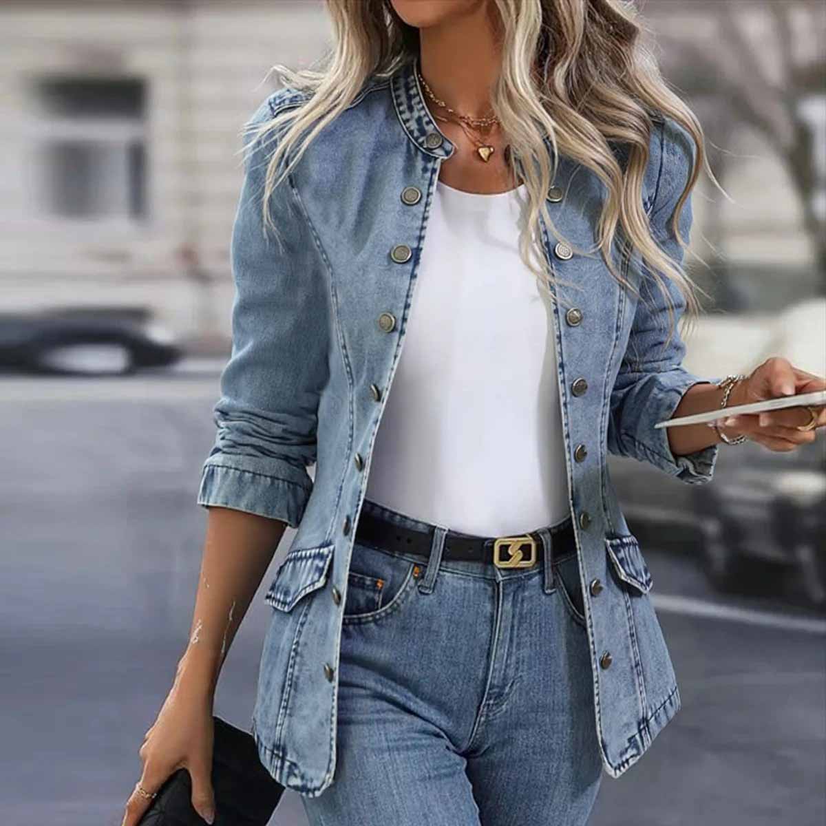 Stylish Collarless Plain Blue Denim Outerwear | Last day 80% off!
