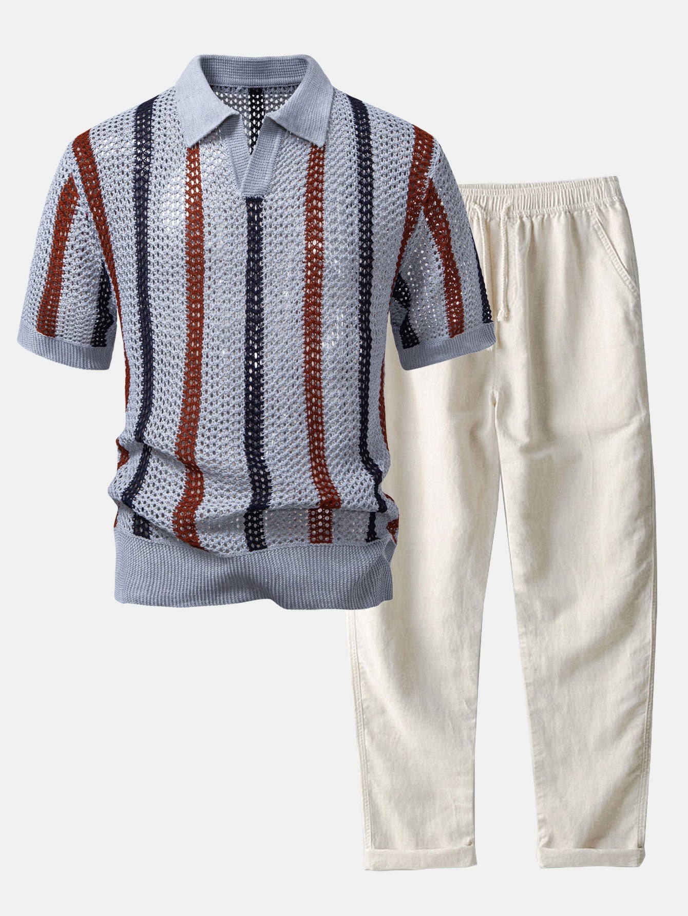 Striped Crocheted V-Neck Polo & Linen Straight Leg Pants | Last day 80% off!