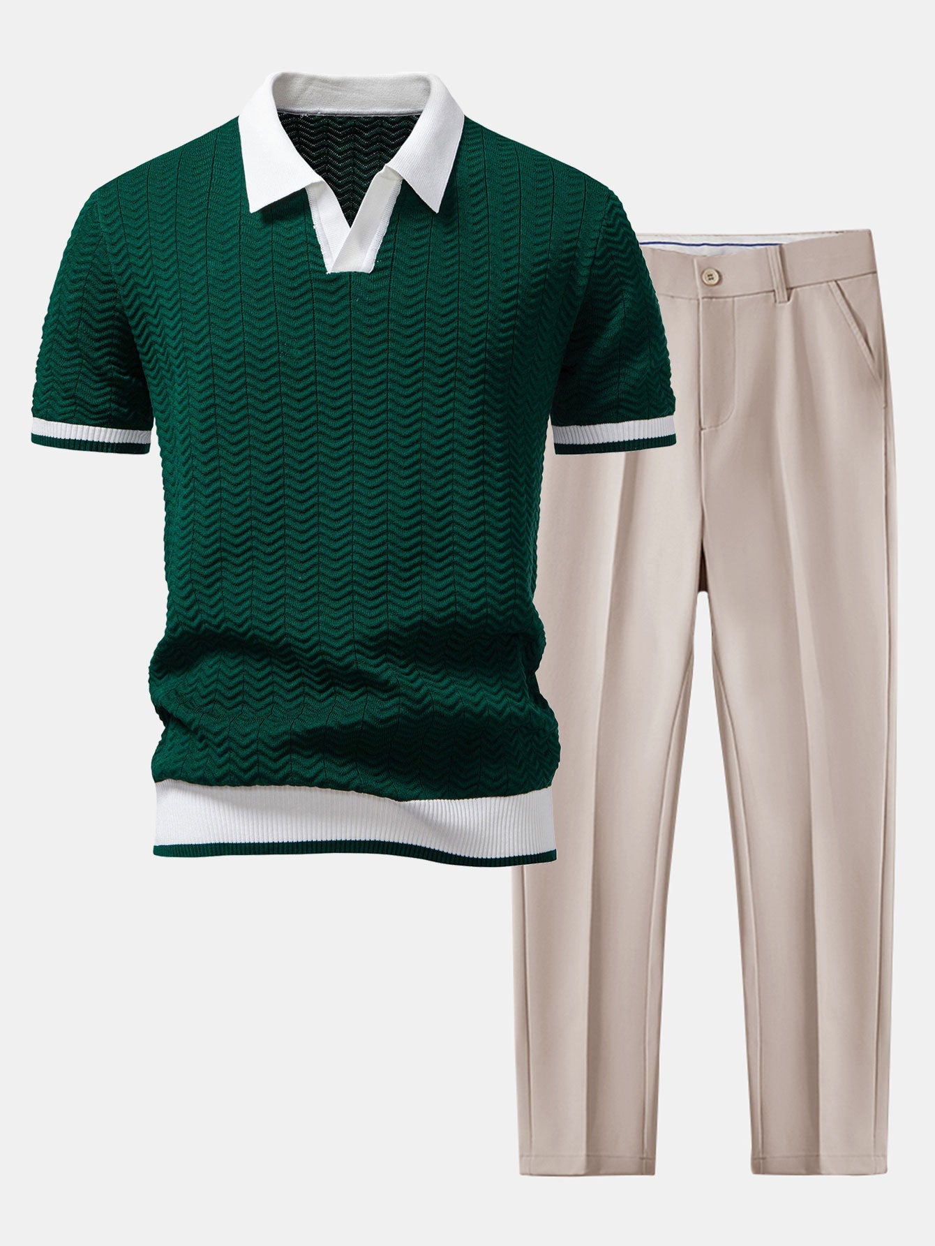 Texture Contrast Knitted V-Neck Polo Shirt & Slim Fit Tapered Trousers | Last day 80% off!