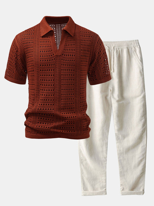 Crocheted V-Neck Polo Shirt & Linen Straight Leg Pants | Last day 80% off!