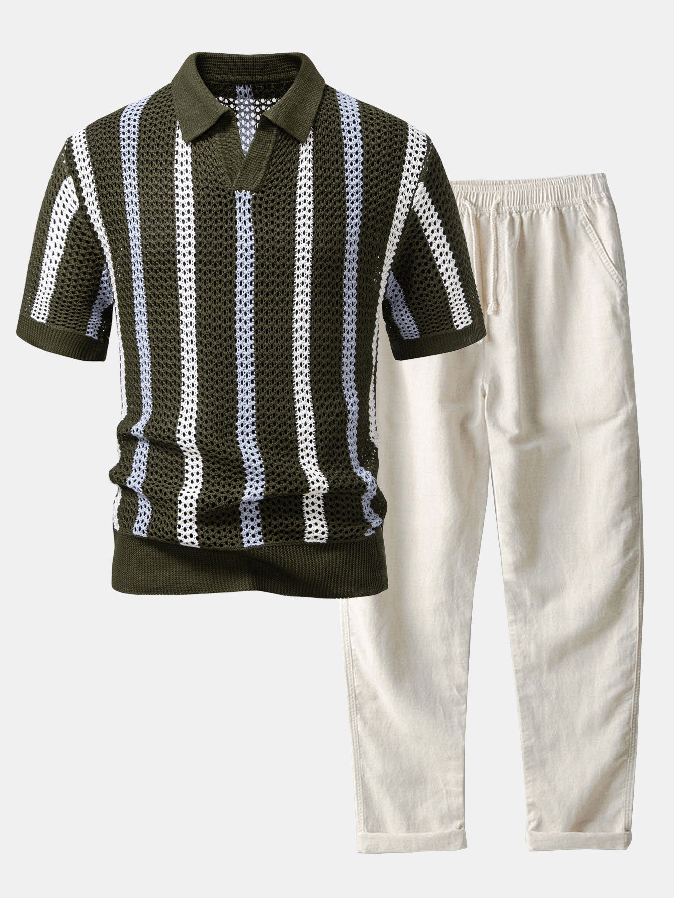 Striped Crocheted V-Neck Polo & Linen Straight Leg Pants | Last day 80% off!