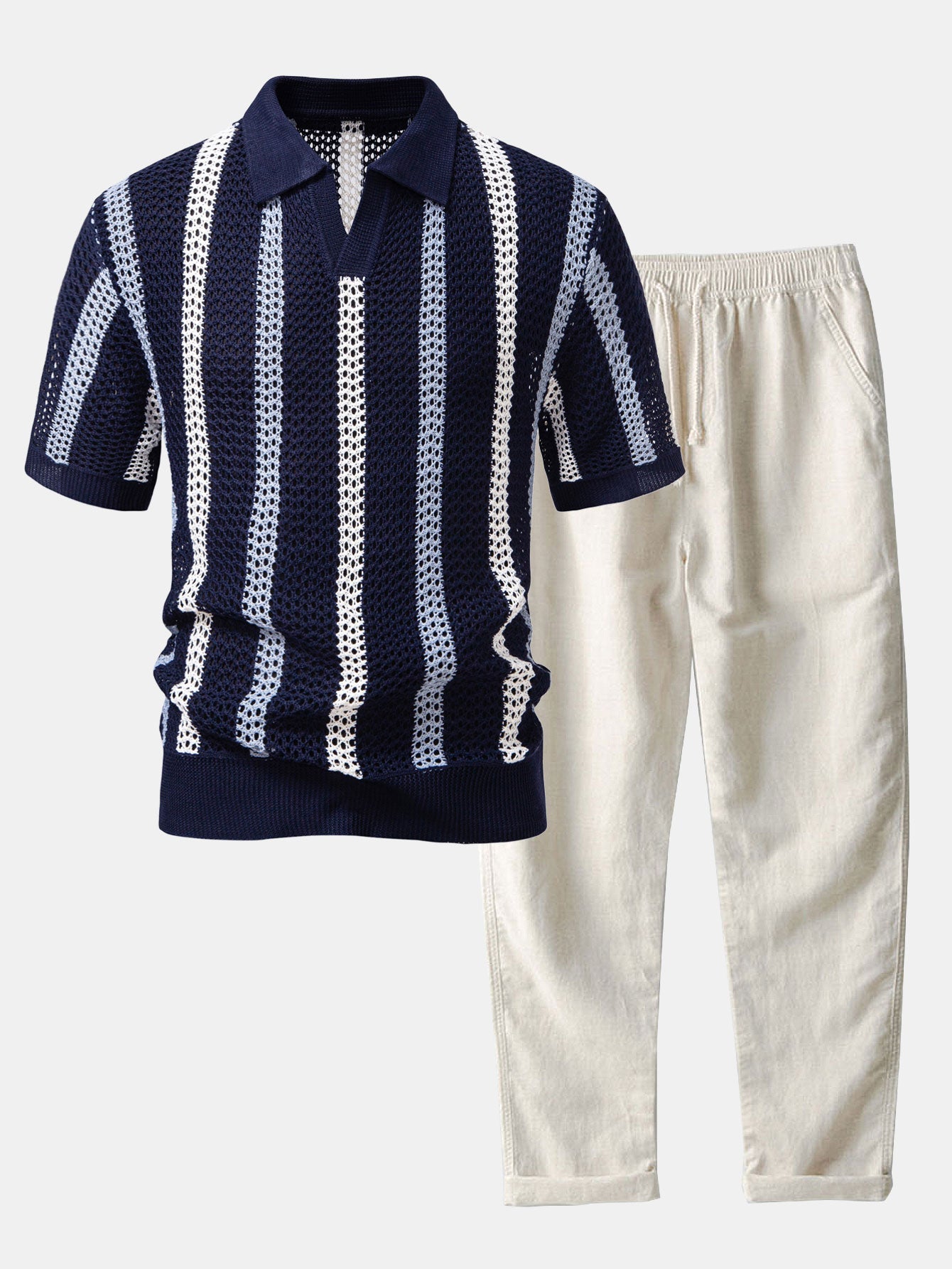 Striped Crocheted V-Neck Polo & Linen Straight Leg Pants | Last day 80% off!