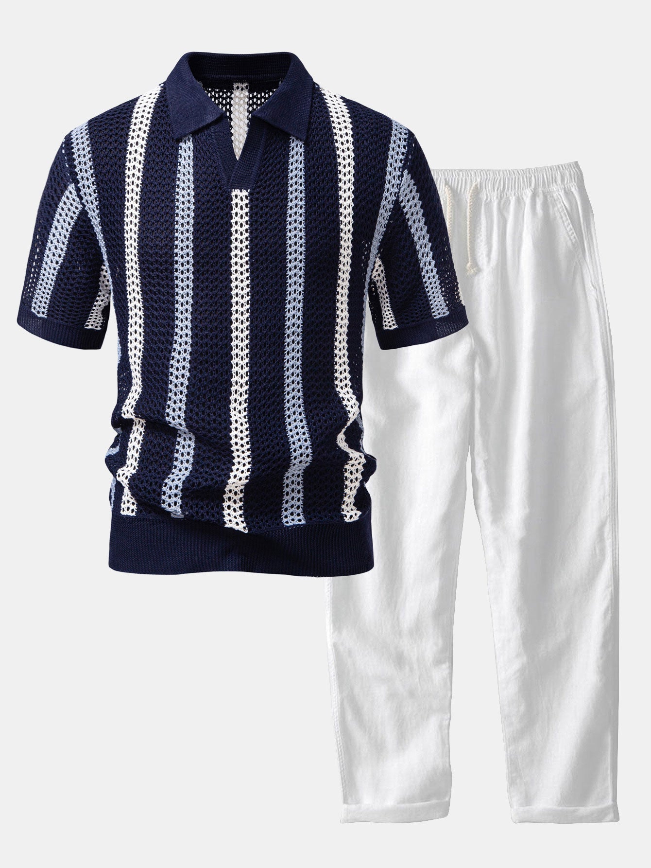 Striped Crocheted V-Neck Polo & Linen Straight Leg Pants | Last day 80% off!
