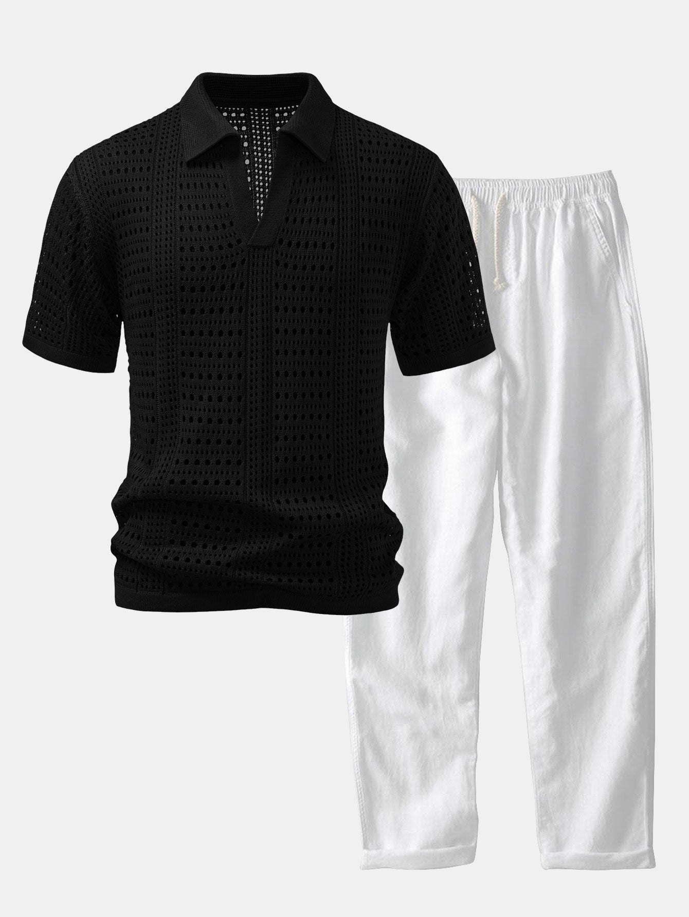 Crocheted V-Neck Polo Shirt & Linen Straight Leg Pants | Last day 80% off!