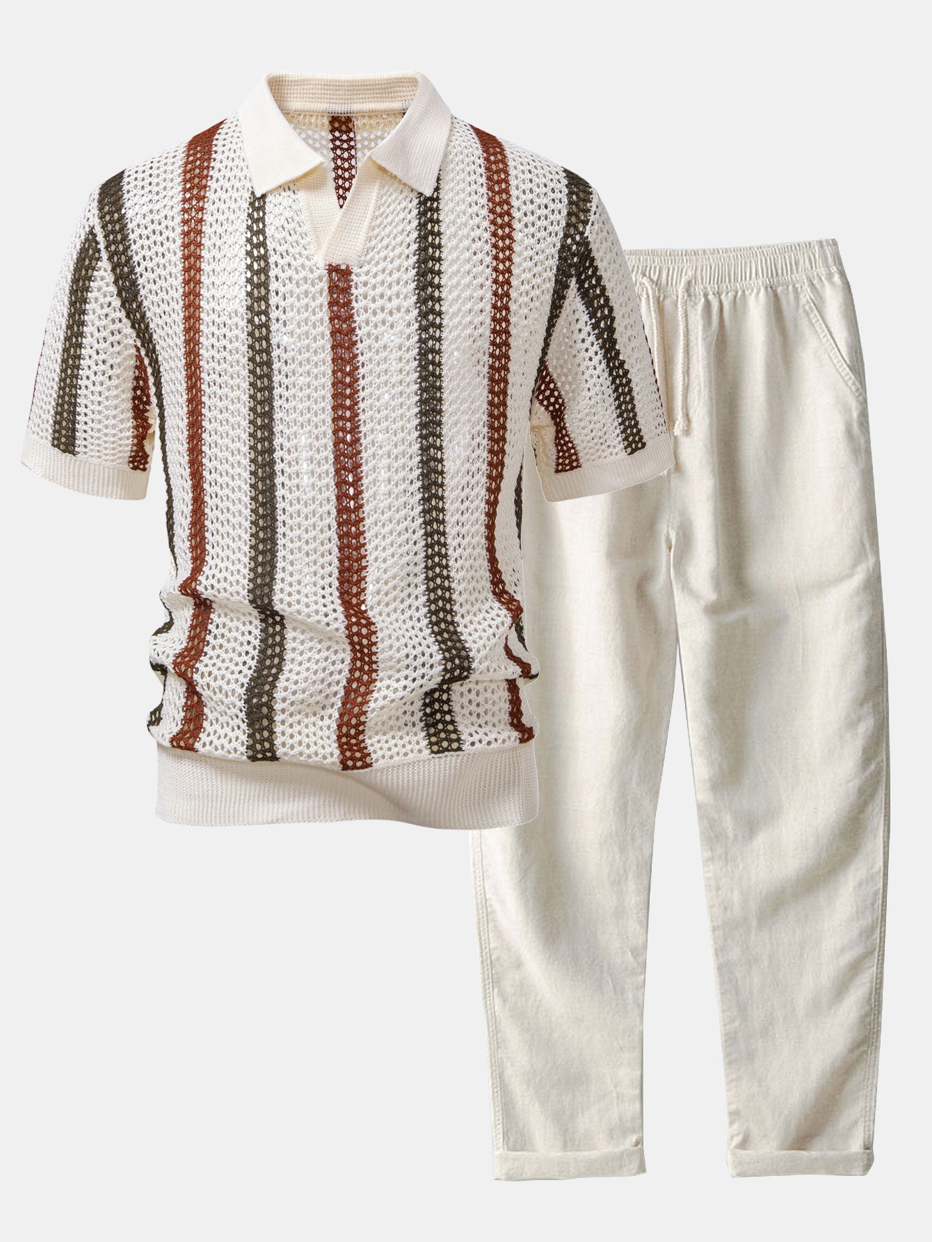 Striped Crocheted V-Neck Polo & Linen Straight Leg Pants | Last day 80% off!