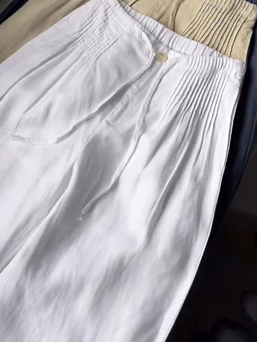 Women's Solid Color Pleated Drawstring Casual Cotton and Linen Wide Leg Pants | Last day 80% off!