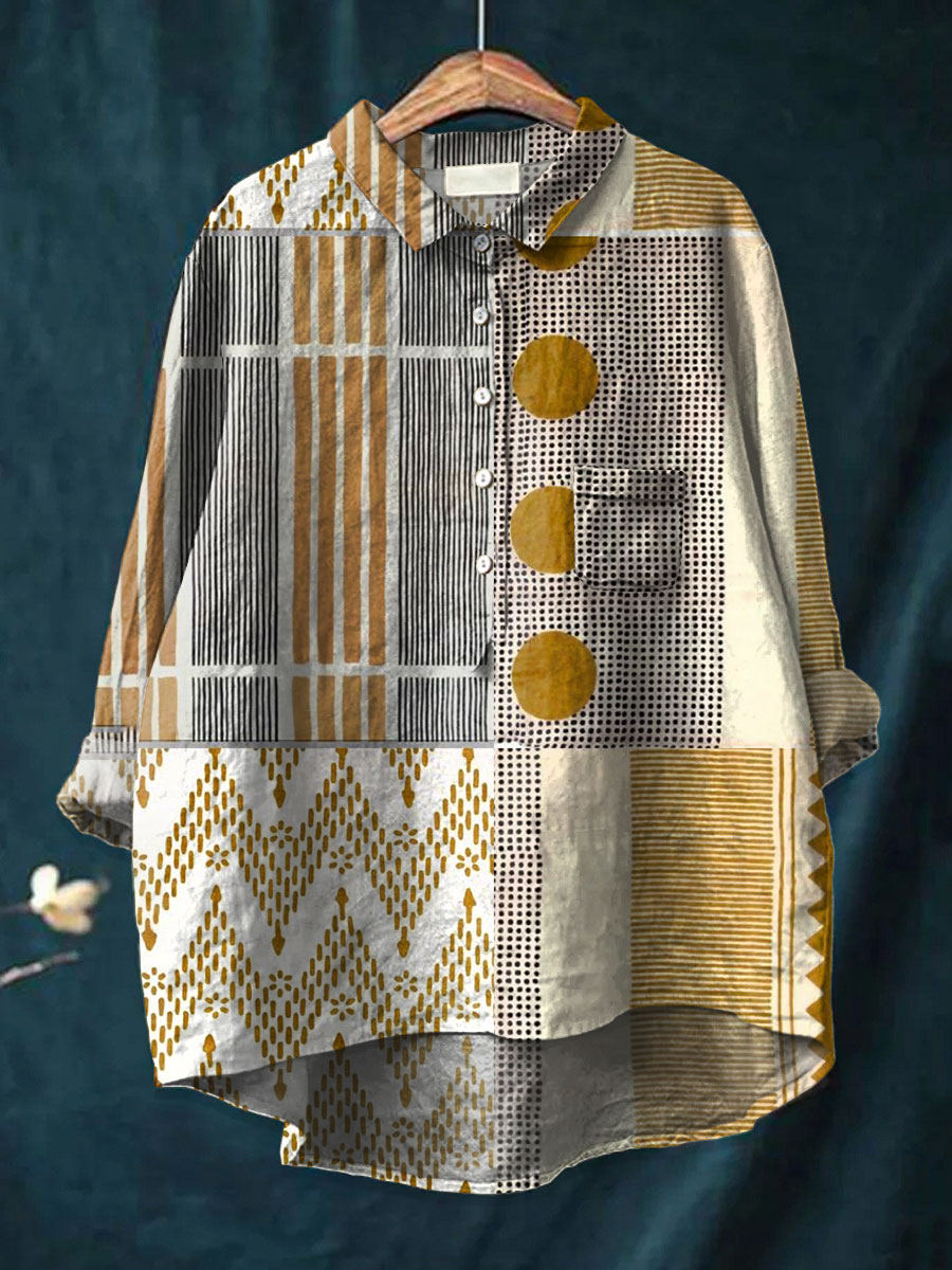Women's Vintage Abstract Geometry Art Print Casual Cotton And Linen 3/4 Sleeve Shirt | Last day 80% off!